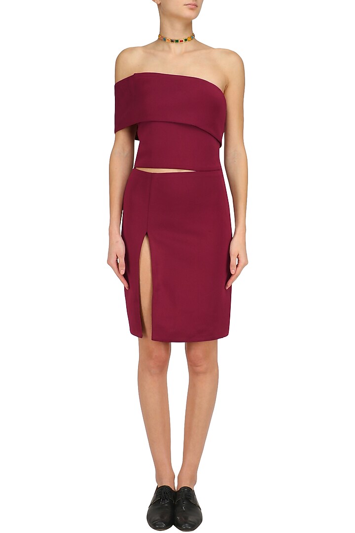 Burgundy off shoulder cutout dress available only at Pernia's Pop Up Shop.