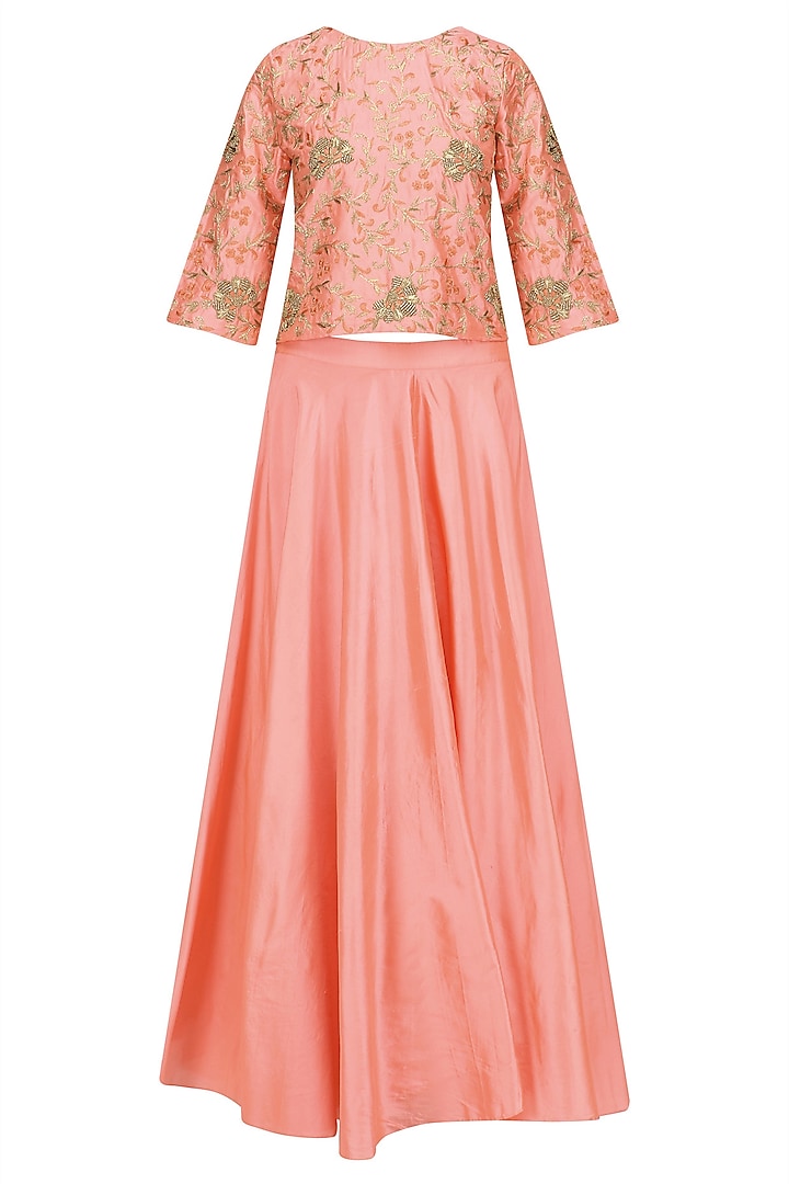 Peach Floral Embroidered Crop Top and Skirt Set by Samatvam By Anjali Bhaskar
