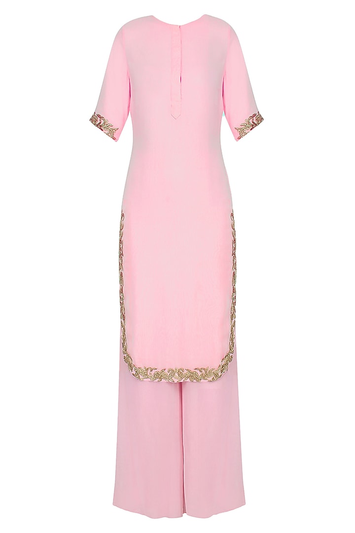 Pink and gold embroidered kurta and pants set available only at Pernia's Pop Up Shop.