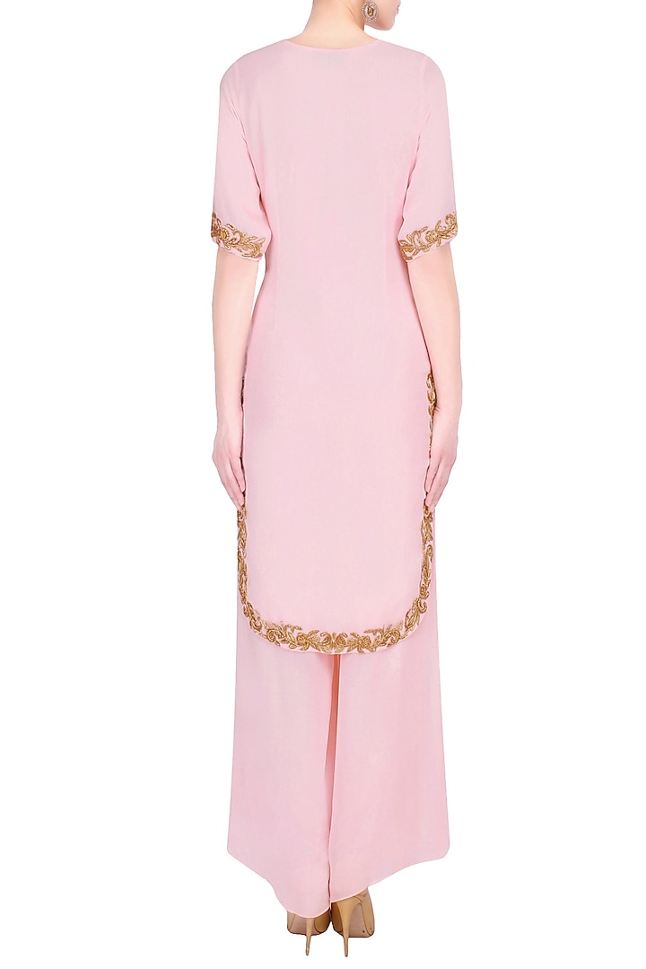 Pink and gold embroidered kurta and pants set available only at Pernia's Pop Up Shop.