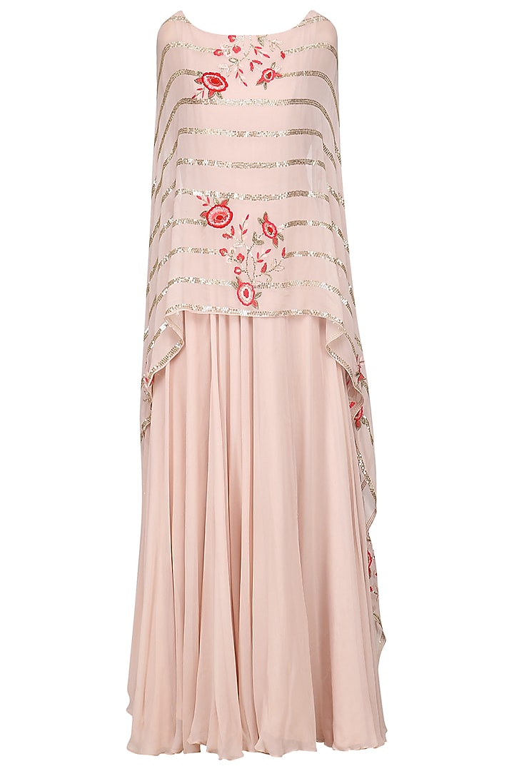 Blush pink anarkali gown with embroidered cape dupatta available only at Pernia's Pop Up Shop.