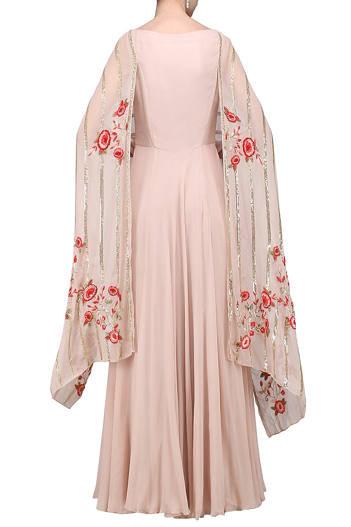Blush pink anarkali gown with embroidered cape dupatta available only at Pernia's Pop Up Shop.