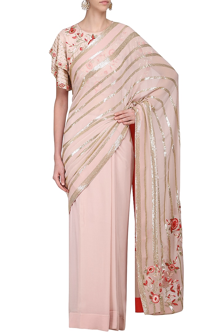 Blush Pink Georgette Embroidered Saree Set by Samatvam By Anjali Bhaskar