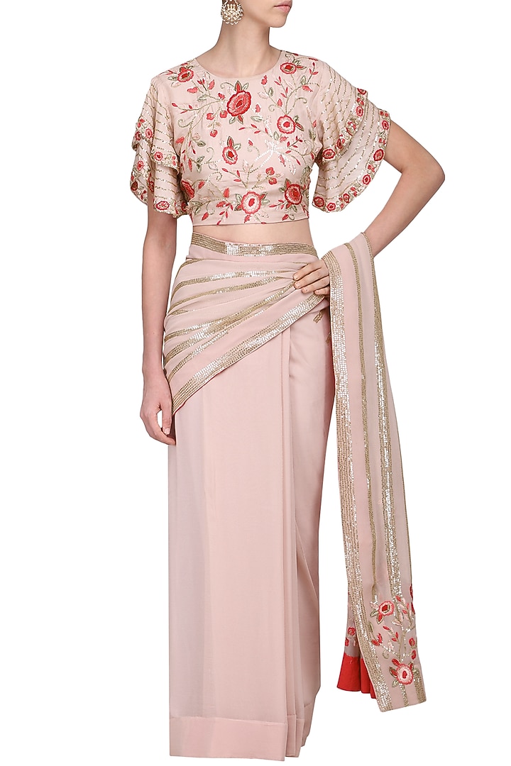 Blush pink embroidered saree with blouse available only at Pernia's Pop Up Shop.