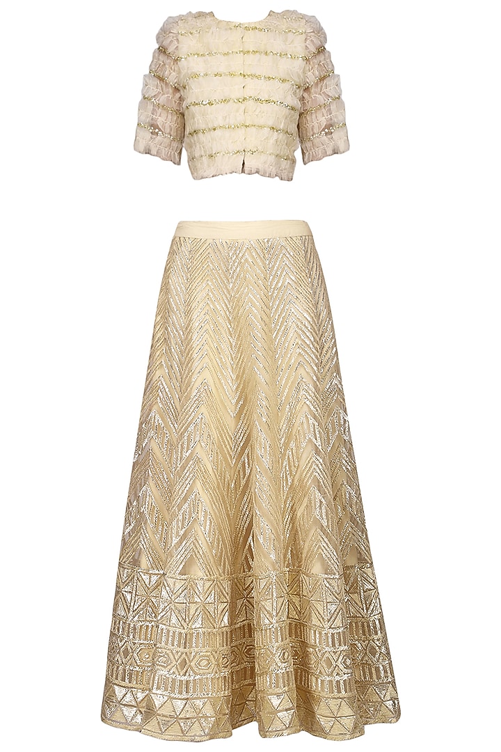 Nude embroidered lehenga with frayed jacket available only at Pernia's Pop Up Shop.