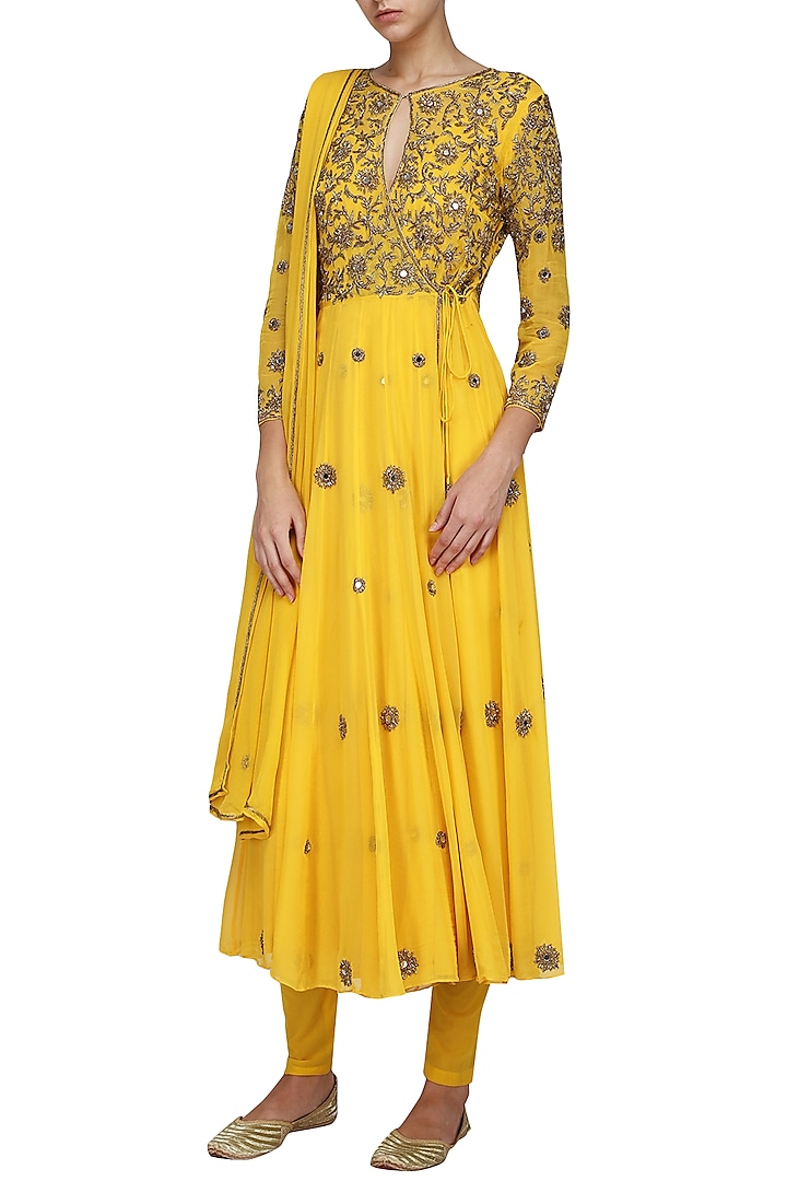 Yellow Embellished Anarkali Set by Samatvam By Anjali Bhaskar