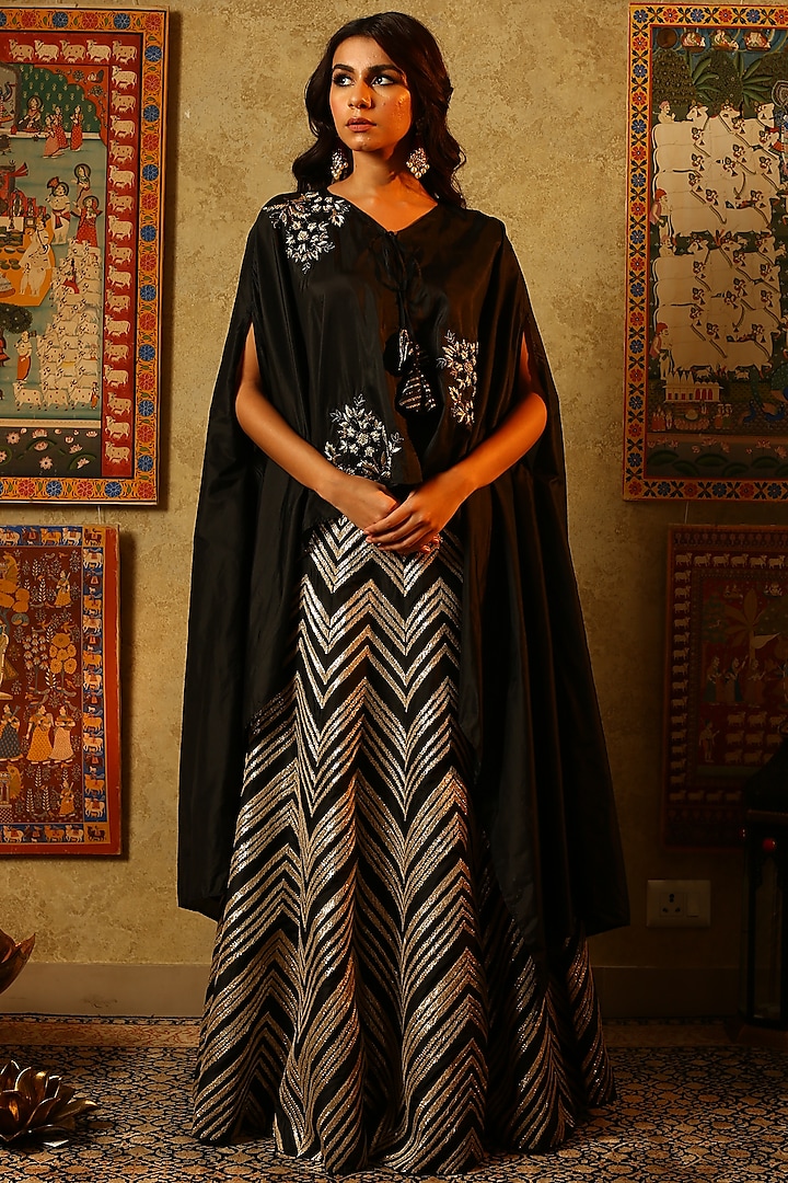 Black Embroidered Lehenga Skirt with Asymmetrical Cape by Samatvam By Anjali Bhaskar