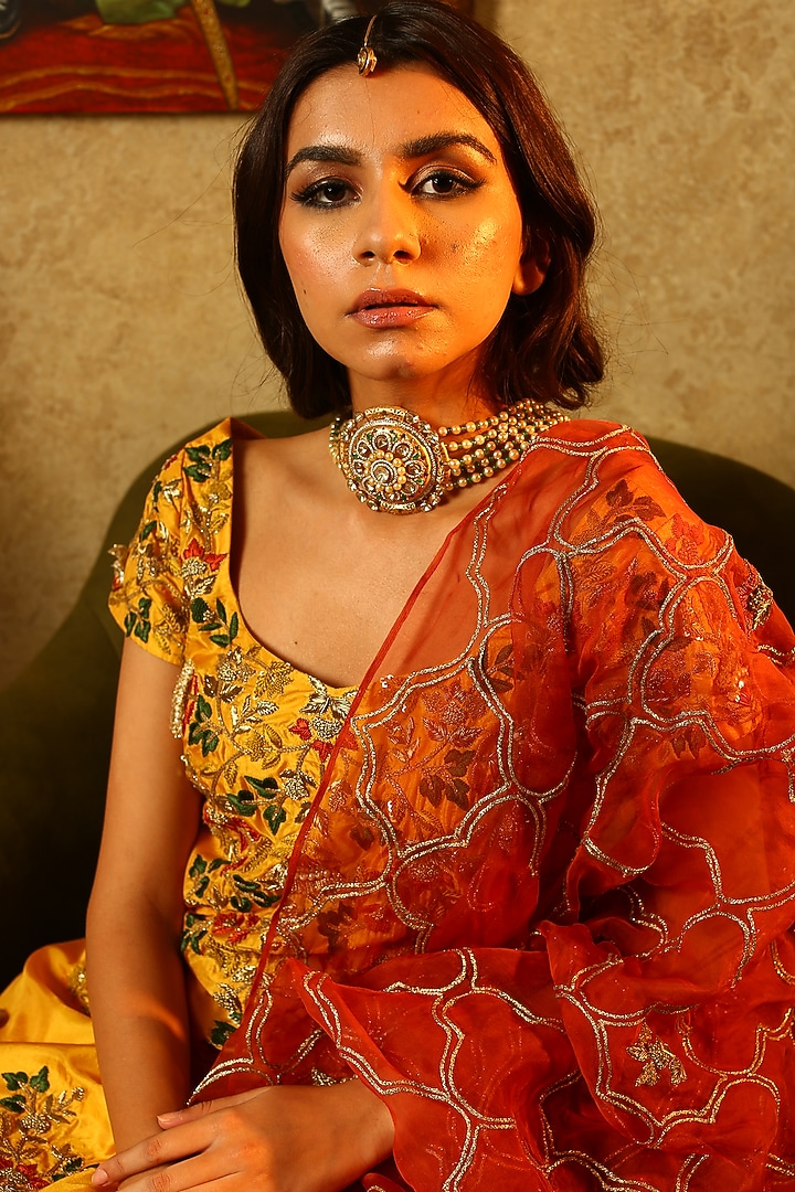 Yellow embroidered kurta with lehenga skirt set available only at Pernia's Pop Up Shop.