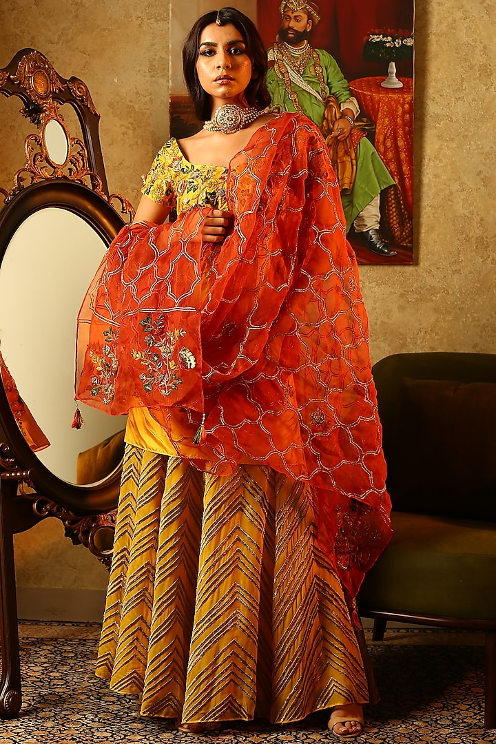 Yellow Embroidered Kurta with Lehenga Skirt Set by Samatvam By Anjali Bhaskar