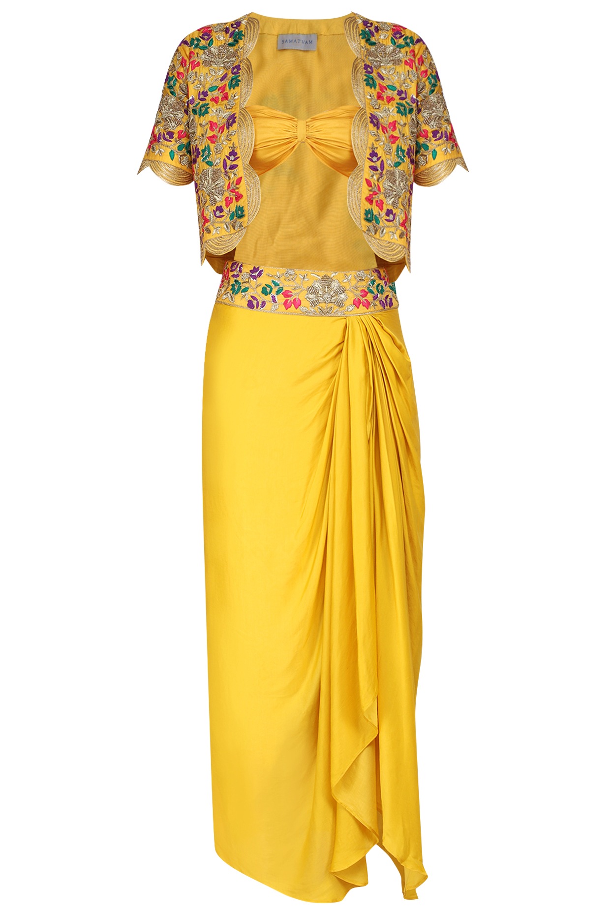 Yellow embroidered jacket with dhoti 