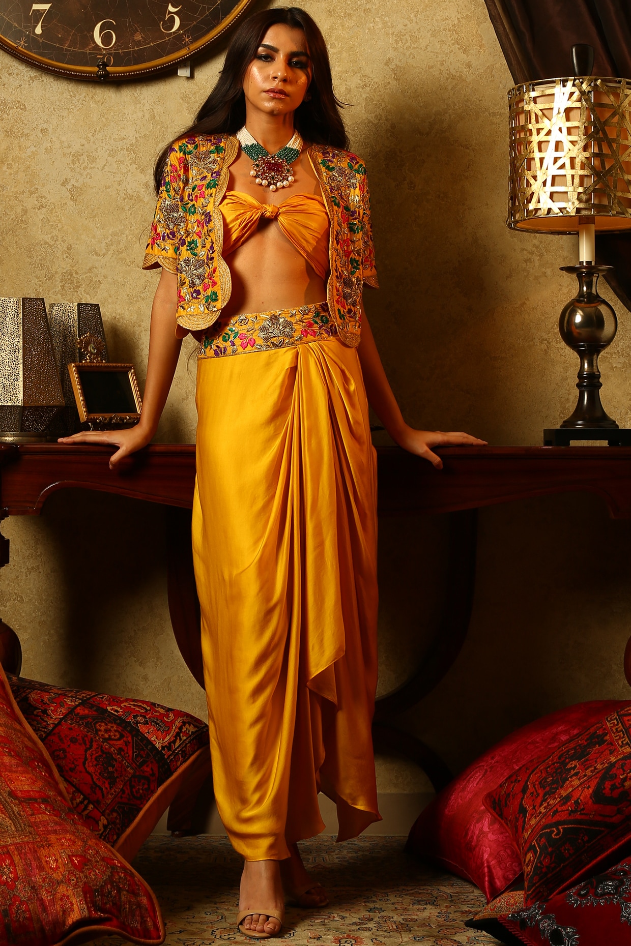 Yellow embroidered jacket with dhoti skirt and bustier available only at Pernia s Pop Up Shop