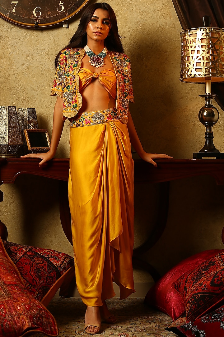 Yellow Embroidered Jacket with Dhoti Skirt And Bustier by Samatvam By Anjali Bhaskar