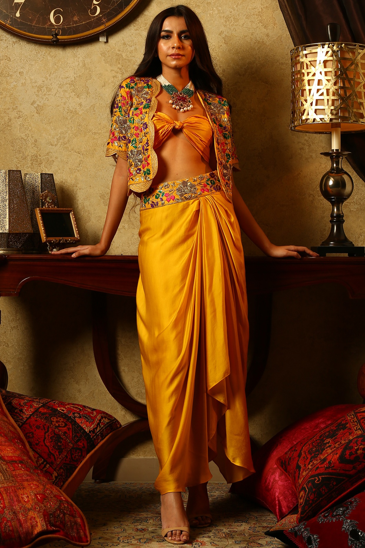 FASHIONABLE GEORGETTE THREAD SEQUENCE WORK BLOUSE DHOTI WITH JACKET YELLOW  – Ethnicgarment