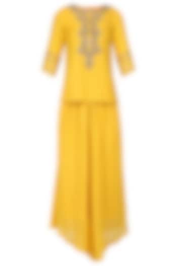 Mustard yellow hand embroidered tunic with dhoti pants available only at Pernia's Pop Up Shop.