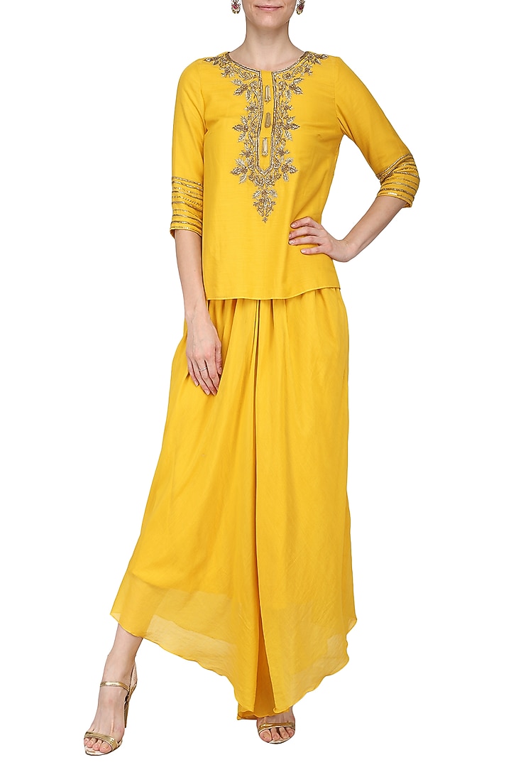 Mustard yellow hand embroidered tunic with dhoti pants available only at Pernia's Pop Up Shop.