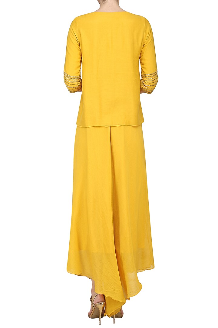 Mustard yellow hand embroidered tunic with dhoti pants available only at Pernia's Pop Up Shop.