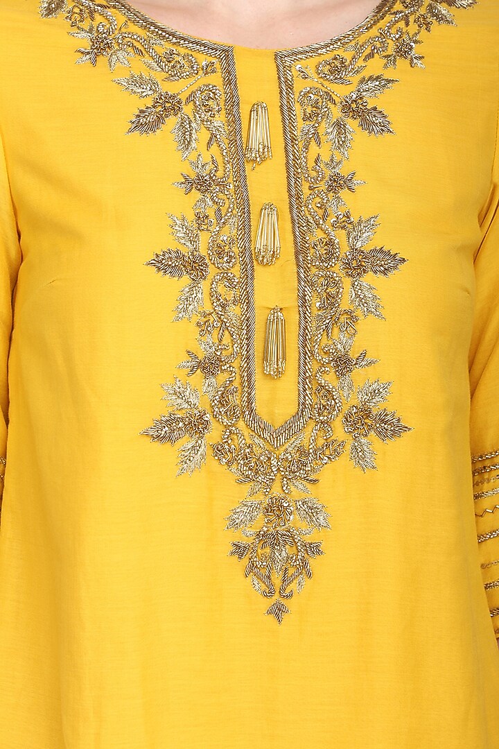 Mustard yellow hand embroidered tunic with dhoti pants available only at Pernia's Pop Up Shop.