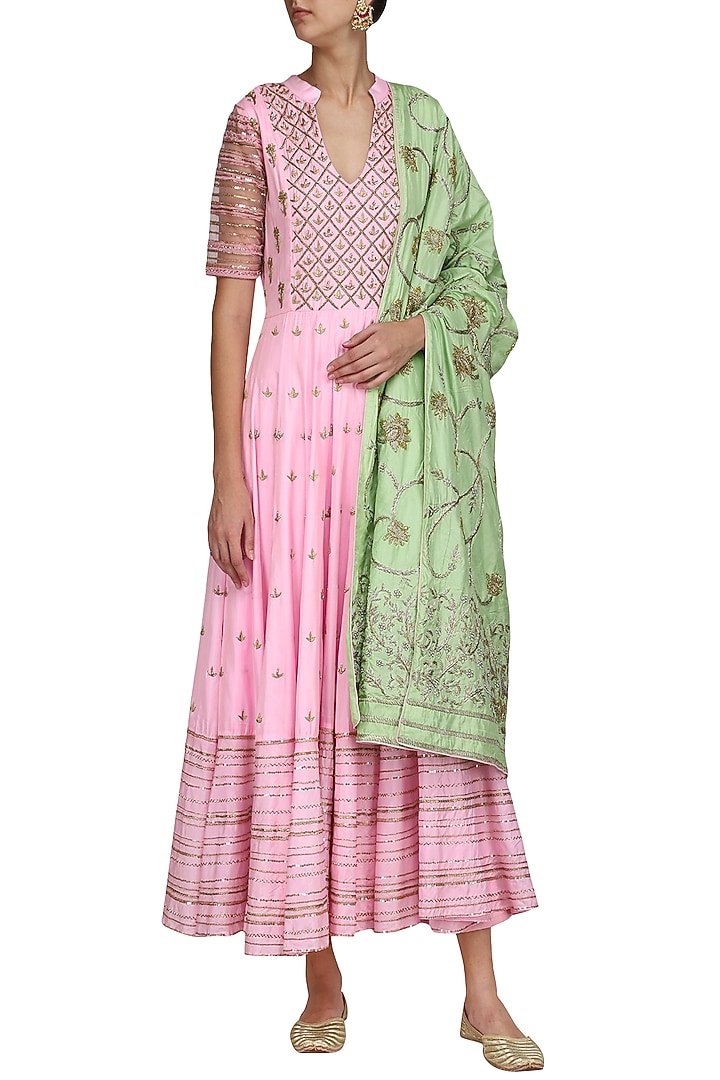 Pink and green embroidered anarkali set available only at Pernia's Pop Up Shop.