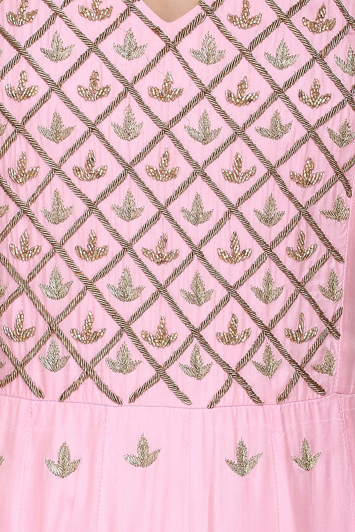 Pink and green embroidered anarkali set available only at Pernia's Pop Up Shop.