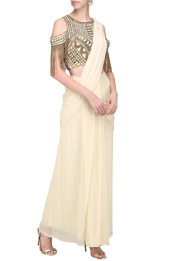 Beige and copper pre draped embroidered saree available only at Pernia's Pop Up Shop.