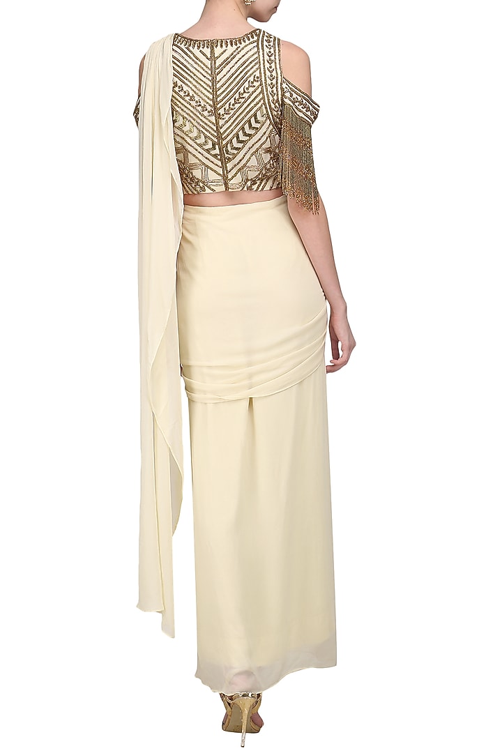 Beige and copper pre draped embroidered saree available only at Pernia's Pop Up Shop.
