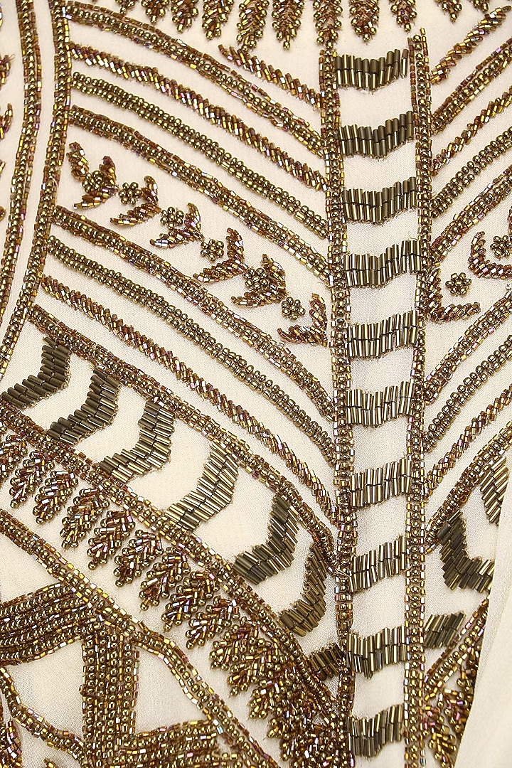 Beige and copper pre draped embroidered saree available only at Pernia's Pop Up Shop.