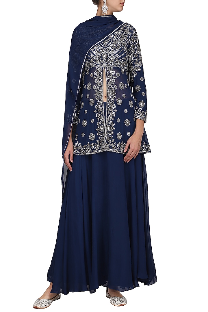 Midnight blue embroidered tunic with skirt and dupatta available only at Pernia's Pop Up Shop.
