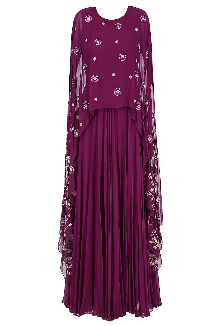 Plum floral motifs flared anarkali with attached dupatta available only at Pernia's Pop Up Shop.