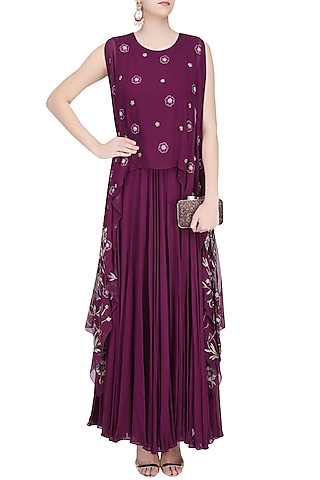 Plum Floral Motifs Flared Anarkali with Attached Dupatta by Samatvam By Anjali Bhaskar