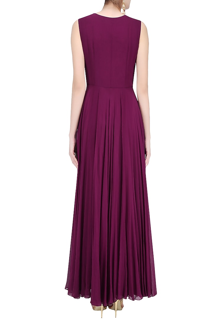 Plum floral motifs flared anarkali with attached dupatta available only at Pernia's Pop Up Shop.