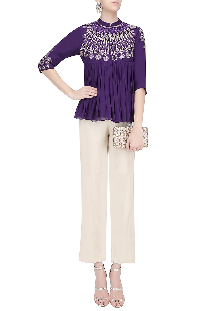 Purple resham embroidered high neck top with beige pants available only at Pernia's Pop Up Shop.