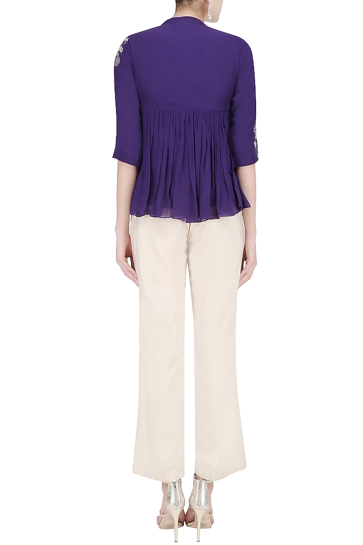 Purple resham embroidered high neck top with beige pants available only at Pernia's Pop Up Shop.