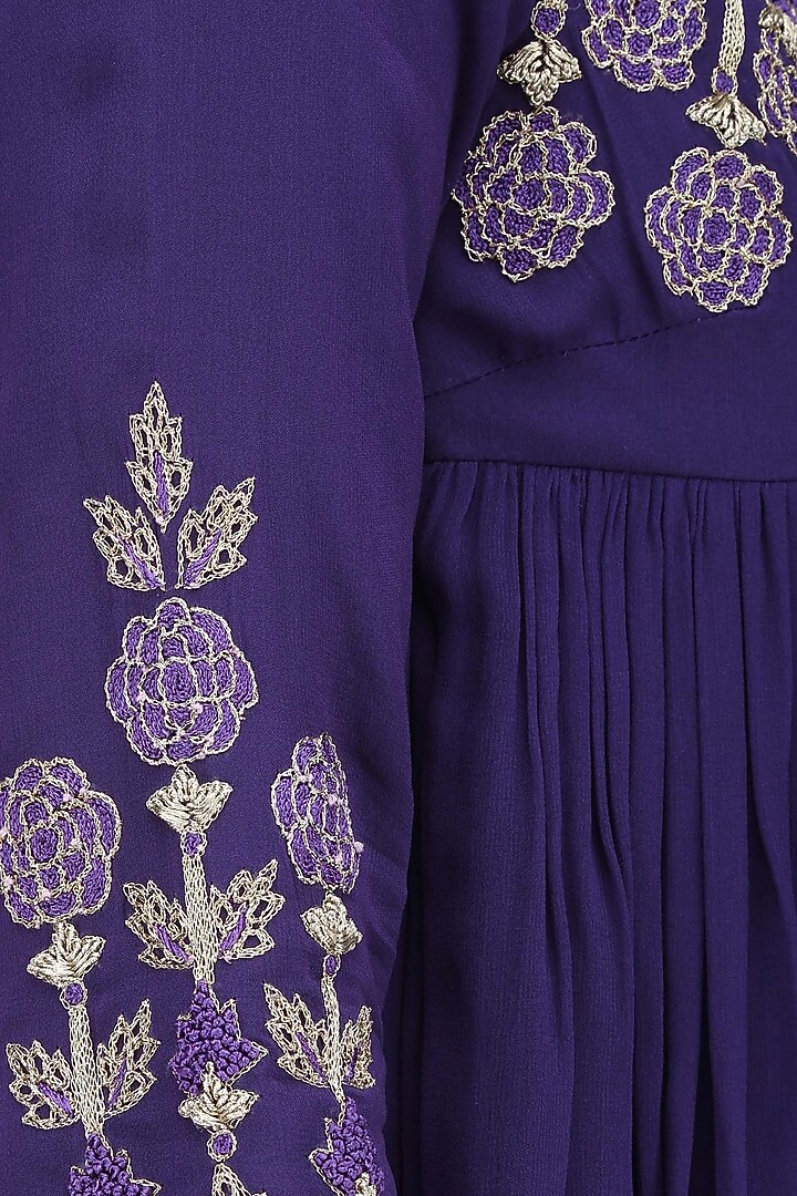 Purple resham embroidered high neck top with beige pants available only at Pernia's Pop Up Shop.