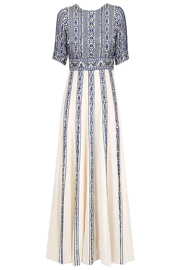 Cream and navy resham embroidered flared anarkali set available only at Pernia's Pop Up Shop.