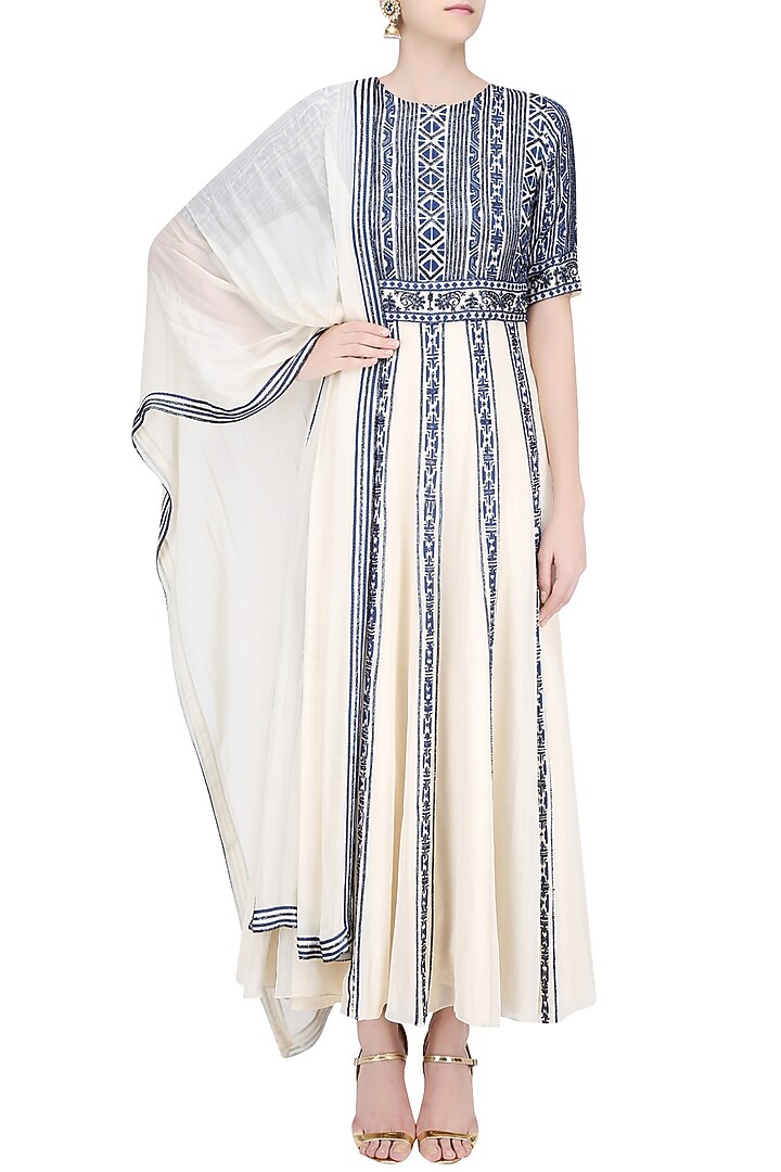 Cream and navy resham embroidered flared anarkali set available only at Pernia's Pop Up Shop.
