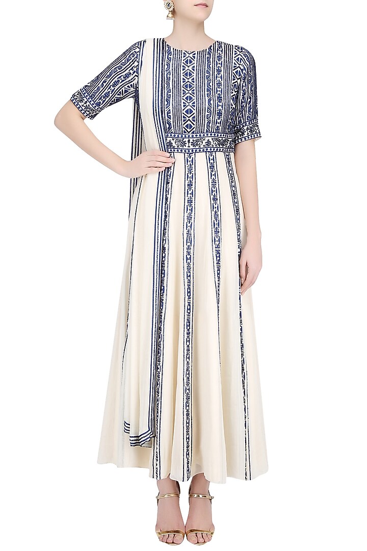 Cream and navy resham embroidered flared anarkali set available only at Pernia's Pop Up Shop.