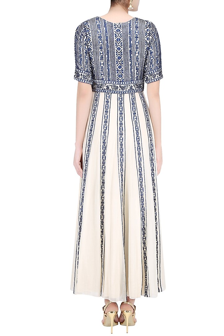 Cream and navy resham embroidered flared anarkali set available only at Pernia's Pop Up Shop.