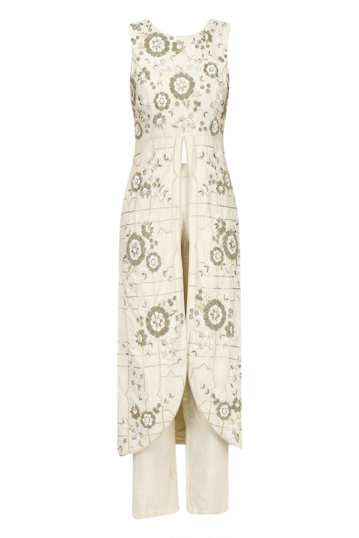 Cream floral embroidered front slit kurta and pants set available only at Pernia's Pop Up Shop.