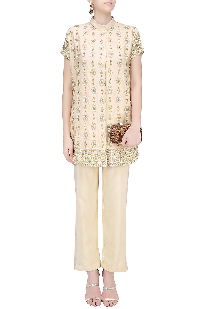 Cream gota patti work kaftan style jacket with cream pants available only at Pernia's Pop Up Shop.