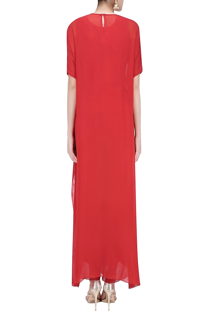 Crimson red resham embroidered high low kurta with beige pants available only at Pernia's Pop Up Shop.