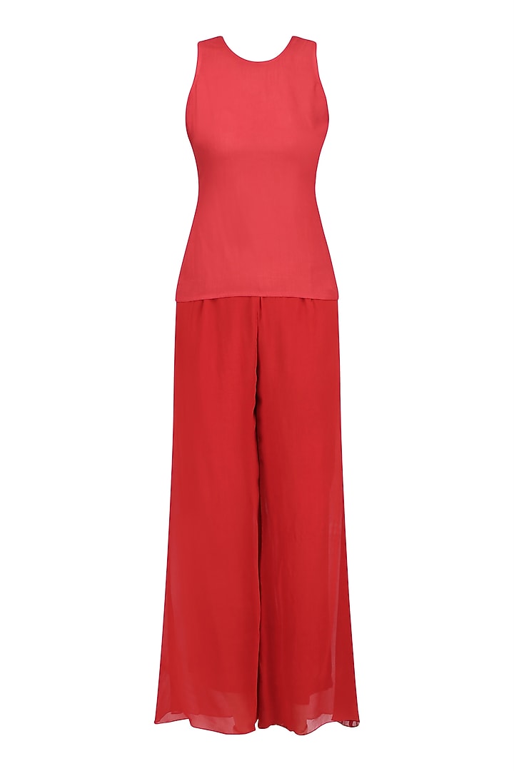 Crimson red resham embroidered high low kurta with beige pants available only at Pernia's Pop Up Shop.