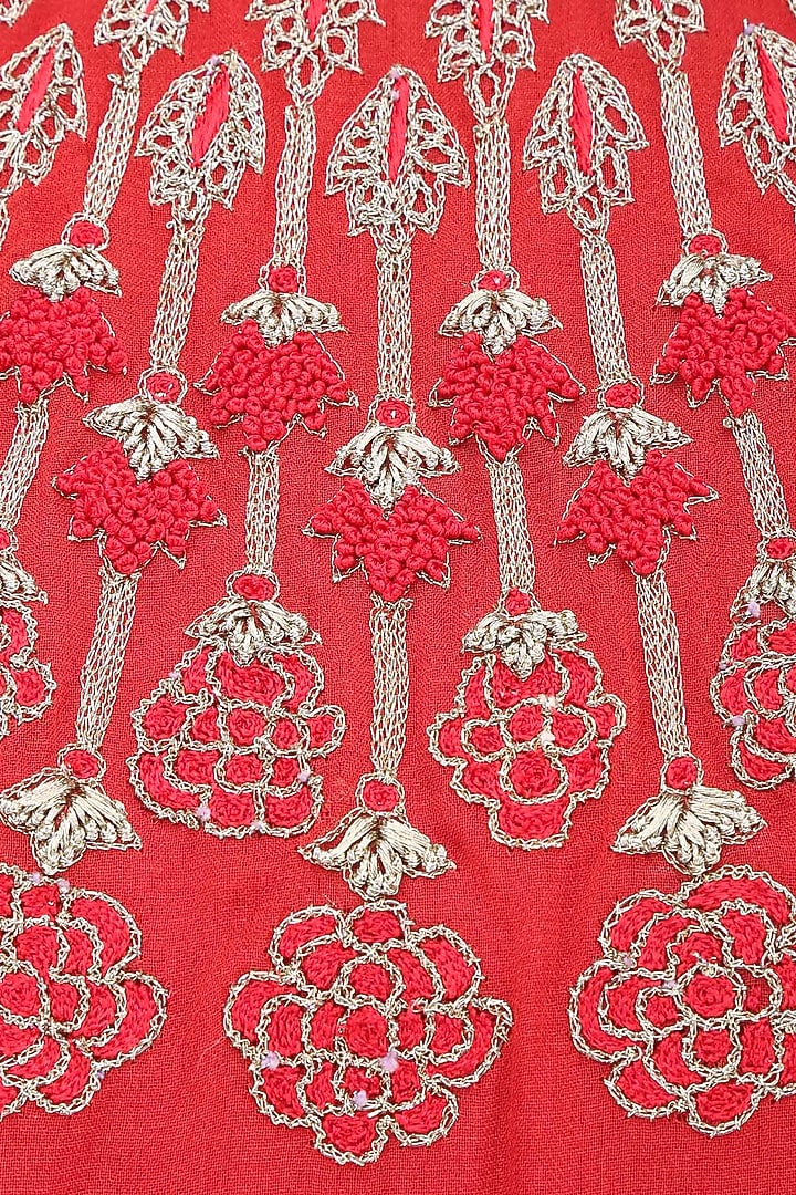 Crimson red resham embroidered high low kurta with beige pants available only at Pernia's Pop Up Shop.