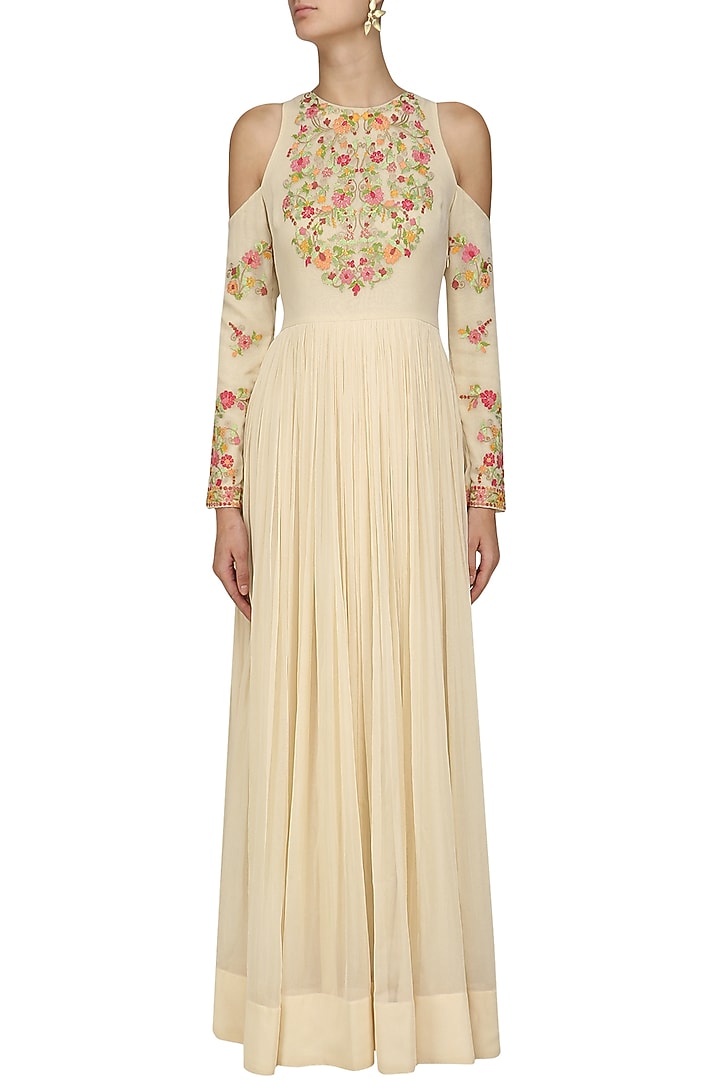 Ivory floral embroidered cold shoulder anarkali available only at Pernia's Pop Up Shop.