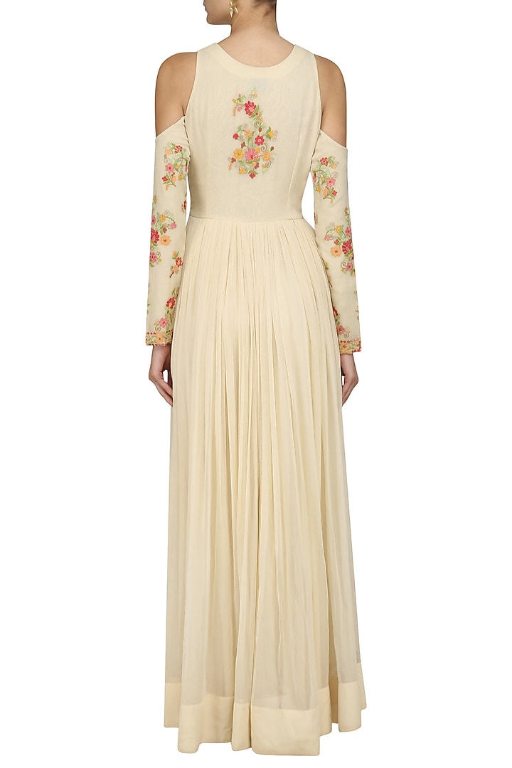 Ivory floral embroidered cold shoulder anarkali available only at Pernia's Pop Up Shop.