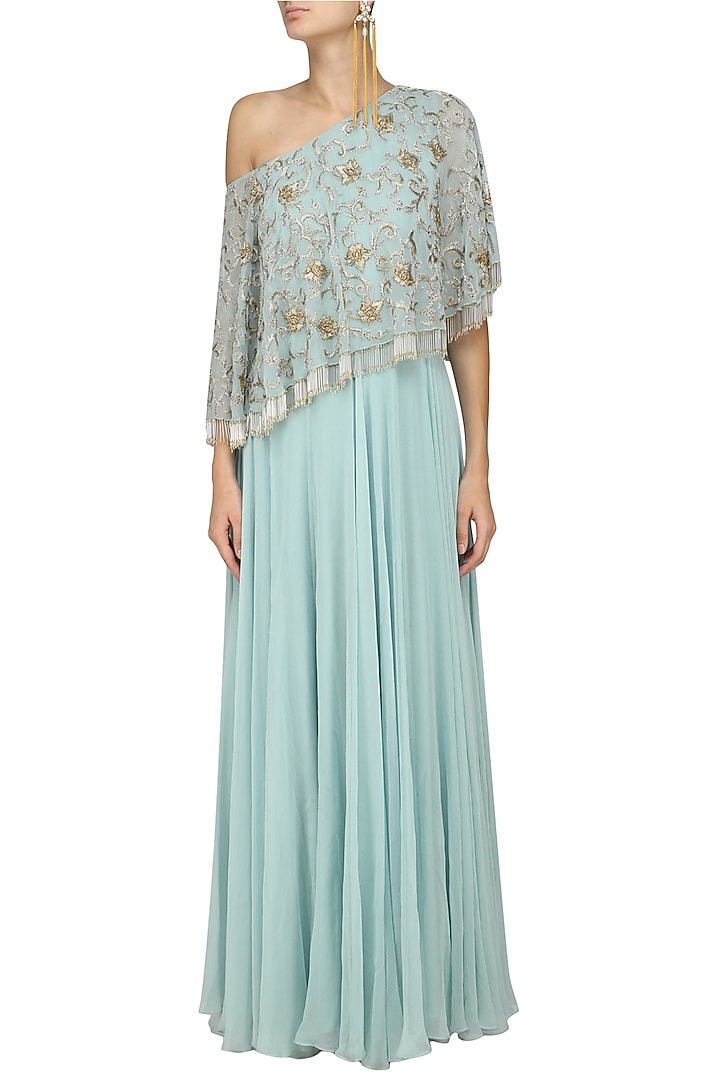 Powder blue one shoulder cape gown available only at Pernia's Pop Up Shop.