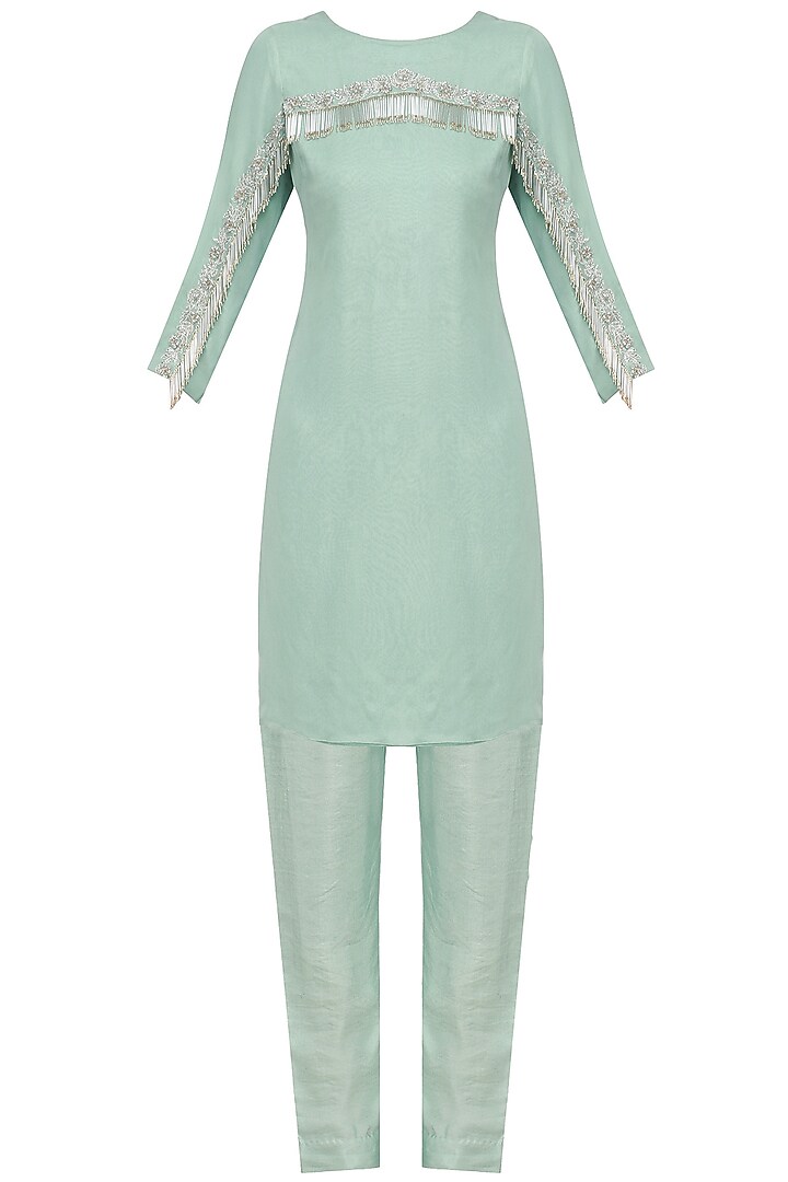 Pistachio green kasabh embroidered kurta and pants set available only at Pernia's Pop Up Shop.