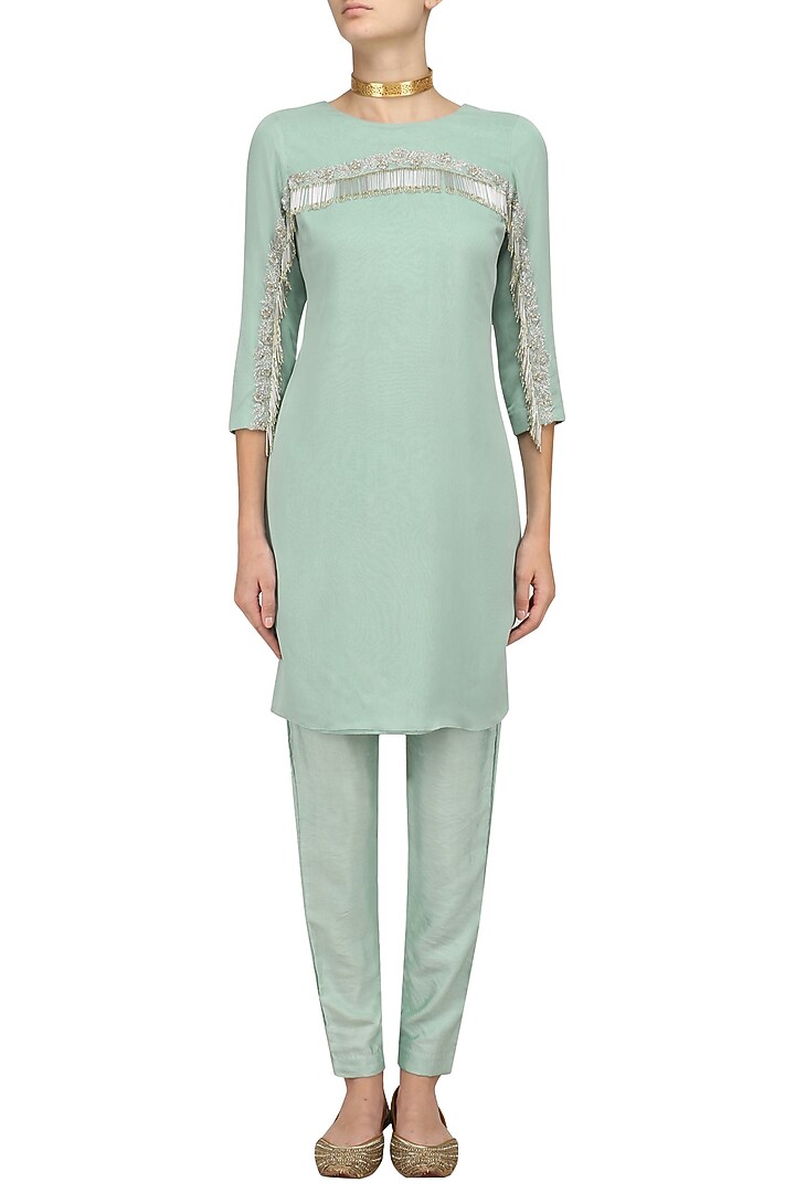 Pistachio green kasabh embroidered kurta and pants set available only at Pernia's Pop Up Shop.