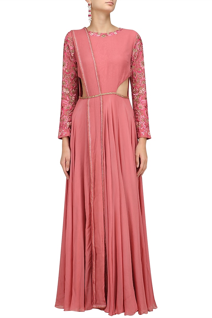 Rasberry pink floral embroidered side cut kurta available only at Pernia's Pop Up Shop.