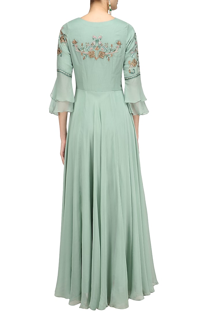 Pistachio green floral embroidered kalidaar kurta available only at Pernia's Pop Up Shop.