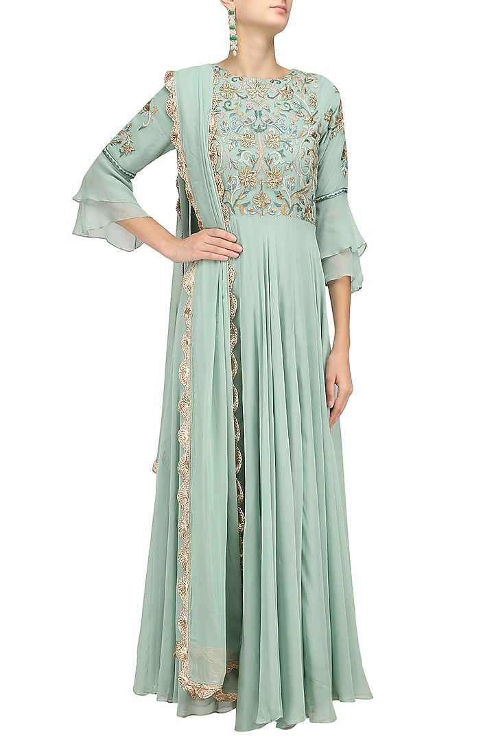 Pistachio green floral embroidered kalidaar kurta available only at Pernia's Pop Up Shop.